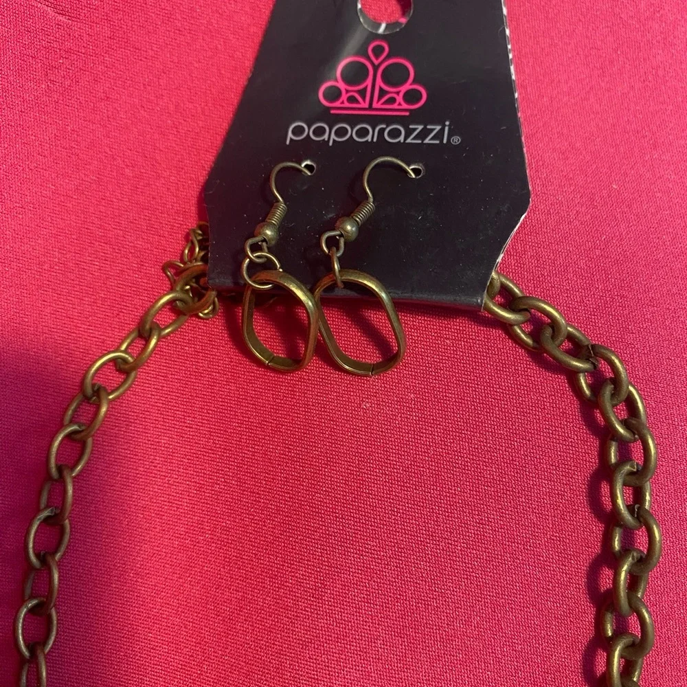 Grunge Metal Bronze tone Chain Link Necklace with Earrings